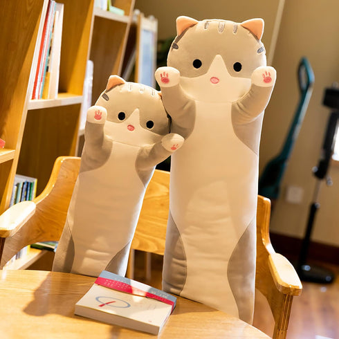 Soft Cat Plush Pillow - Long Stuffed Animals Sleeping Pillow, Cute Long Body Pillow Gift for Kids (43.5inch, Grey)