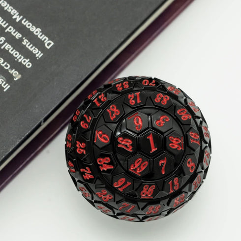 100 Sided Polyhedral D100 Game Dice, Single 48 mm Cube with Black Pouch, Black with Red Number