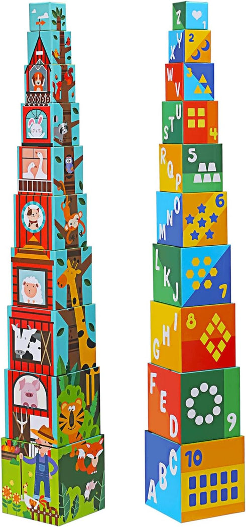 Animal Sorting and Stacking Blocks - Educational ABC & Numbers Toy for Babies and Toddlers, Montessori Learning Tower