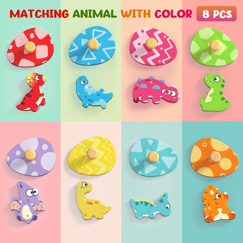 8 Zeoddler Wooden Puzzles for Toddlers, Pcs Dinosaur Matching Egg Puzzle, Montessori Toys for Boy Girl Easter Birthday
