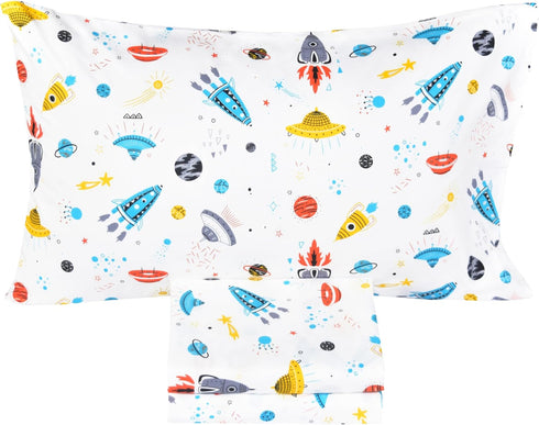 J-pinno 100% 3 Set Cozy Set Planet Spacecraft Rocket Cotton Pieces Cartoon Toddler Sheet for Kids Boys, Flat Sheet