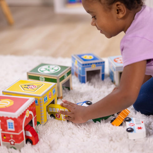 Melissa & Doug Nesting and Sorting Blocks - 6 Buildings, 6 Wooden Vehicles, FSC Certified
