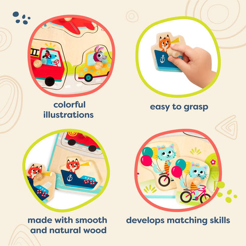 B. toys Vehicles On The Go! Wooden Peg Puzzle, Educational Puzzle for Toddlers, 7 Chunky Pieces