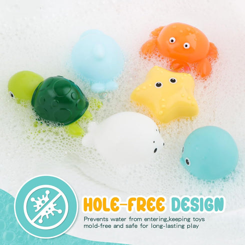 PUPTILY 6 Pack Set 1-3 Bath Toys No Hole Baby Bathtub Toys Soft Squeezable & Float on Water Easy-Grip Toddler Bath Toy