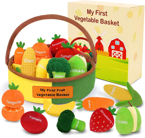 GERBIT My First Fruit Vegetable Basket Plush, Baby Felt Play Food Set with