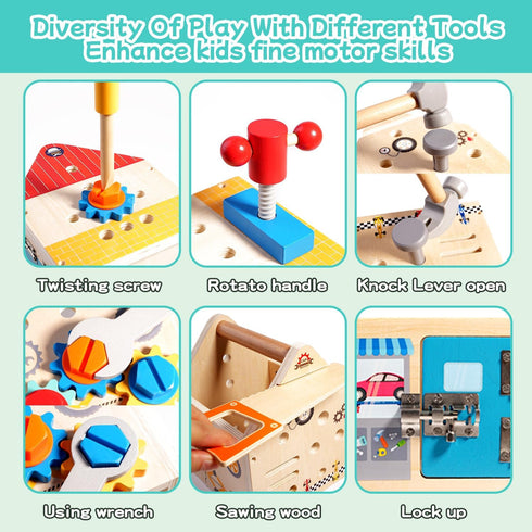 Set 33 3 Set GAIETYDIY Toddler Tool - PCS Wooden Kids Tools with Box/Bench/Tool House, Montessori Educational Pretend