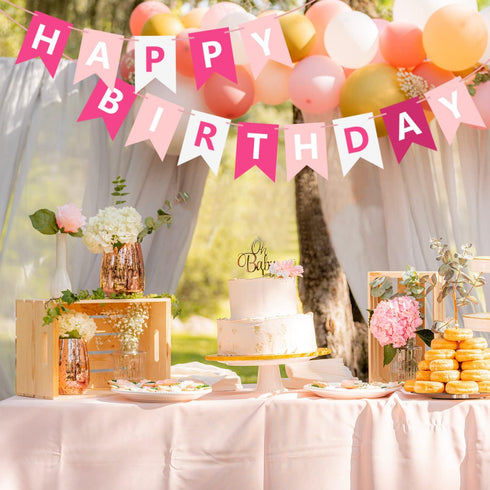 Pink Happy Birthday Banner Sign, Bunting Garland for Kids Girls Baby 1st Birthday Party Decorations