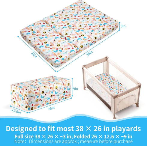 PlentiVive Pack 38x26 Pack Trifold and Play Mattress - Dual Sided N Play Mattress Pad (Firm for Baby, Soft