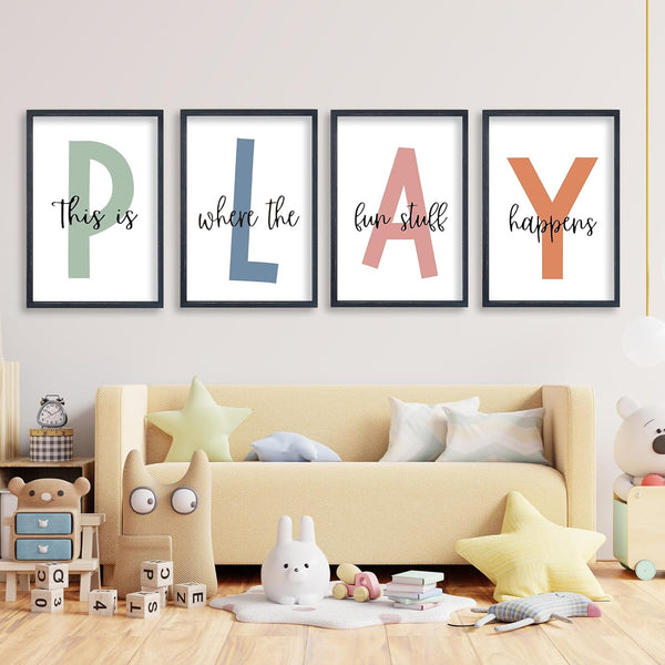 TQianJiang Playroom Wall Art for Kids 4 Piece PLAY Letter Prints with This