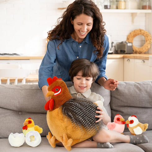 Egg Laying Hen Chicken Stuffed Animal Plush Toys, Stuffed Chicken with Baby Chicks and Coop, Kids Chicken Toys for