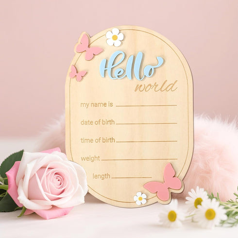 Penitue Wooden Baby Announcement Sign, Cute Hello World Newborn Signs Welcome Baby Arrival Plaque Decor for Hospital