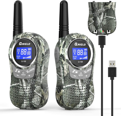 QNIGLO Kids Camping Walkie Talkies, Rechargeable Camo for Outdoor Adventure Game, Hiking, Army Police Toys for Ages 3-12