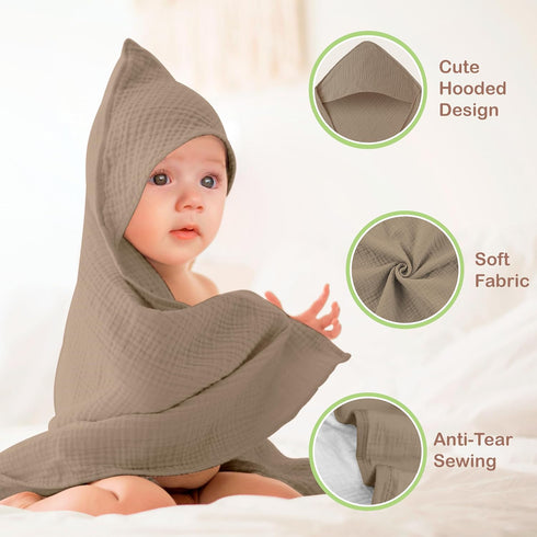 100% 32x32 Inch 2 Pack Organic Cotton Muslin Baby Hooded Towels Soft & Absorbent Hooded Baby Towels For Boys & Girls