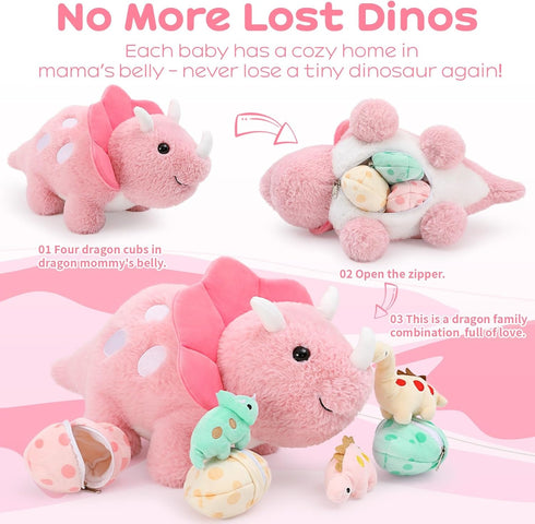 17.6in Mommy 3 Pink Dinosaur Toys for Girls, Dinosaur Stuffed Animal with Baby Dino Plush(Triceratops, Stegosaurus