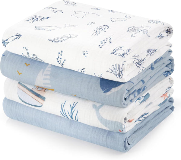 PHF Muslin Swaddle Blankets for Newborn, 4 Pack Organic Soft Breathable Receiving