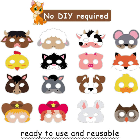 Blulu 16 Piece Farm Forest Animal Mask for Petting Zoo Birthday Christmas Costumes Dress-up Party