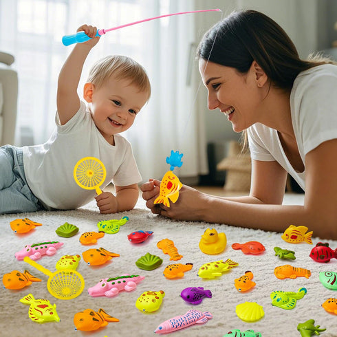 LHSYFBZ 62Pcs 4-8 Magnetic Fishing Game for Kids, Bathtub Kiddie Party Toy, Plastic Floating Fish with Pole Rod Net