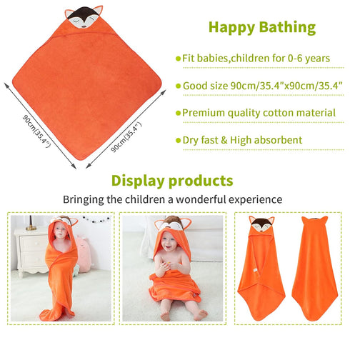 MICHLEY Animal Hooded Baby Towel Washcloth - Premium Cotton Bathrobe for Girls Boys 0-6T (Fox)