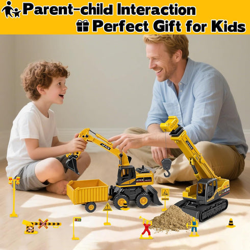 3 1 3-5, Playset Kids Construction Toys for Boys - in Excavator, Crane and Dump Trucks with Road Signs for Toddlers