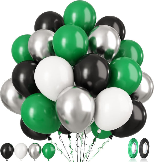 Paready Green Black Balloons - 60 Pcs 12 Inch Dark Green Metallic Silver Balloons for Party Decorations