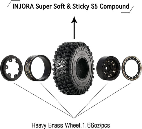 INJORA 1.0 Brass Beadlock Tires Set 4PCS for 1/18 TRX4M 1/24 RC Crawler Car Axial SCX24 Upgrade