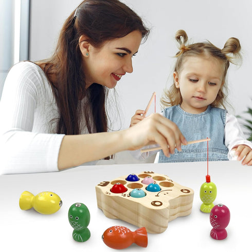Wooden Magnetic Fishing Game - Montessori Sensory Busy Board for Toddlers 1-3, Educational Learning Toy