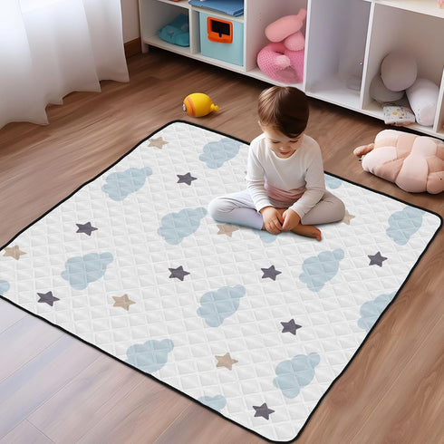 KICPOAY 50 50 Baby Play Mat Blue Clouds Stars White Doodle x Playpen Mats for Floor Play Gym Crawling Mat Non-Slip