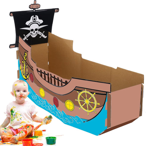 Eaasty Coloring Pirate Ship Cardboard Boat Playhouse for Kids Crafts DIY Large Kids Outdoor Playhouse Toy for Toddlers