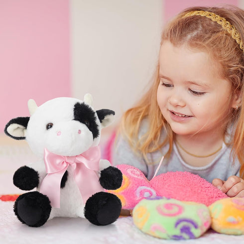 10'' Cow Stuffed Animal Baby Cow Plush with Big Bow Tie Cute Plush Toy Gift for Kids