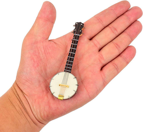 Wooden Miniature Banjo with Stand and Case, Mini Musical Instrument Replica Collectible Figurines for Dollhouse