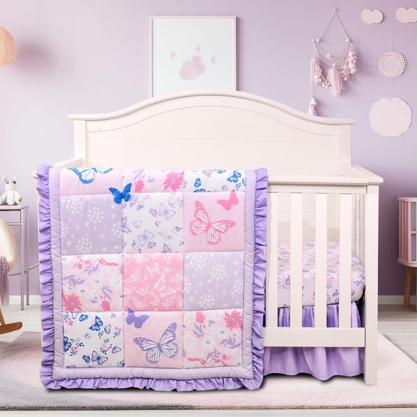 Cloele Crib Bedding Set for Girls, 3 Pieces Floral Butterfly Baby Bedding