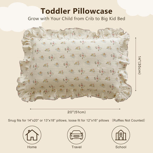 Pillowcase,1 Piece,14"x20" BuLuTu Cotton Muslin Kids Toddler Pillowcase with Cute Azalea Flowers Pattern Super Soft