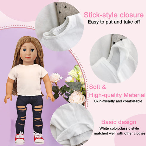 5 Pcs Doll T-Shirts for 18 Inch Dolls, Summer Outfit Doll Clothes, Short Sleeved Classical Tee - 5 Pcs White