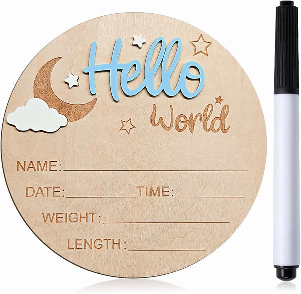 Mindow Baby Announcement Sign, 5.9 Inch Wooden Hello World Newborn Sign Boy, Moon