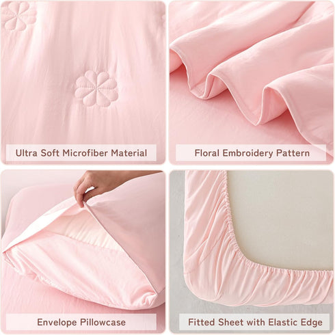 Sets 4 Pink Toddler Bedding for Girls, Pieces Soft Microfiber Floral Embroidery Toddler Bed-in-a-Bag Includes Soft