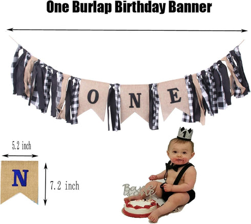 Baby Boys' First Birthday High Chair Banner with Blue Glitter Crown & Suspenders