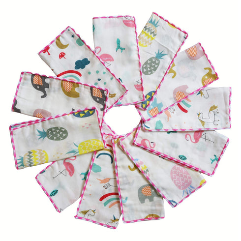Omilion Muslin Baby Washcloths Set, 12-Pack Natural Cotton Infant Bath Towels, 9x9 Inches, Tropical Rainforest
