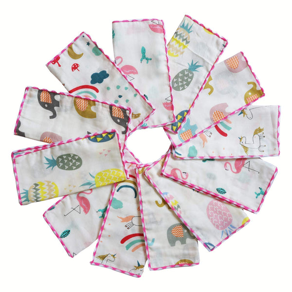 Omilion Muslin Baby Washcloths Set, 12-Pack Natural Cotton Infant Bath Towels, 9x9 Inches, Tropical Rainforest