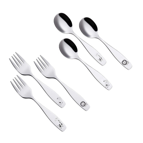 ANNOVA Kids Silverware Set, 6 Pieces Stainless Steel Flatware for Children, 3 Forks & 3 Spoons, Safari Animals Etched