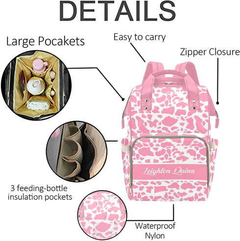 Workvalor Package Backpack Mommy Backpack Personalized Maternity for Women, Custom Cow Print Pink Diaper Customized