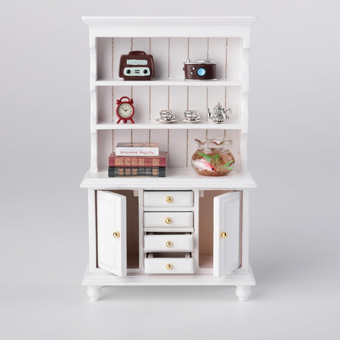 Minamzee 1/12 Set, 11Pcs Dollhouse Cabinet Dollhouse Miniature Wooden Bookshelf with Accessories (Alarm Clock, Fish