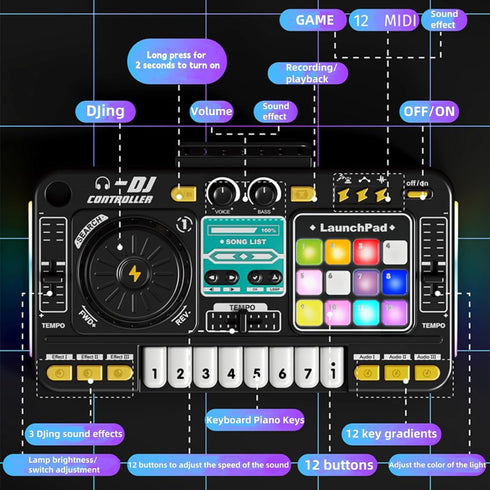 Johehe 12 8 4-8+ Rechargeable Kids DJ Mixer with LED Light Show & Karaoke Microphone - Interactive Music Toy with Sound