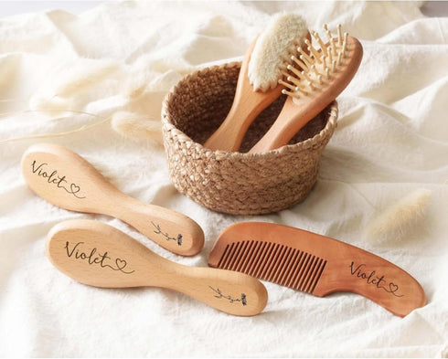 MFCHICIFY Personalized Baby Comb and Brush Set,Engraved Baby Hair Brush with Birth Flowers,Newborn