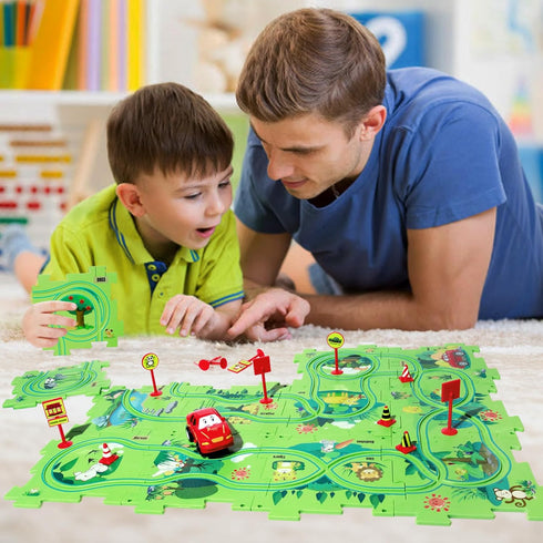 Puzzle Track Car Play Set, Plastic Puzzles for Kids with Vehicles, Car Tracks for Toddlers, Gifts for Boys 2-6
