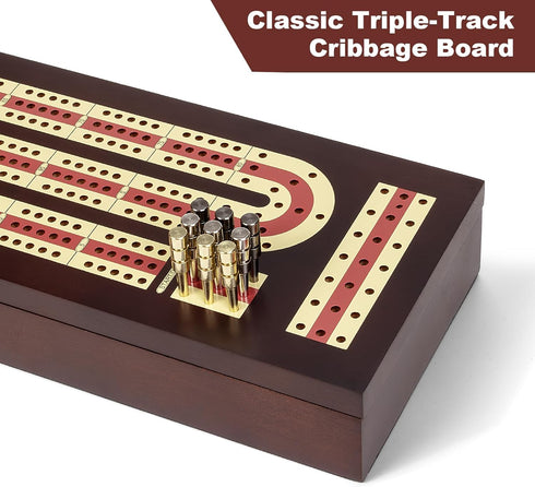 Set, 2 3 ESENHARBER Cribbage Board Game Premium Wooden Board with Magnetic Lock and Metal Pegs, Playing Cards