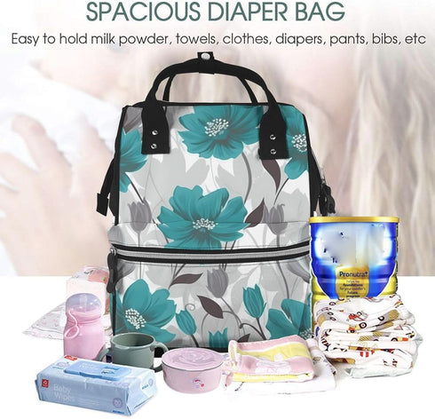 FHEDVBN Backpack Mummy Backpacks Daypack Teal Grey and White Floral Diaper Bag for Women Multifunction Waterproof