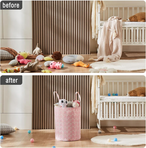 TECHMILLY Large Storage Basket for Girls and Boys, Collapsible Laundry Hamper with Long Handles for Kids Room