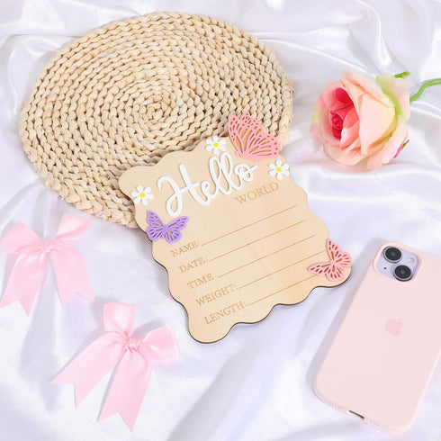 Goktvai Hello World Board, Wooden Butterfly Daisy Baby Birth Announcement Sign Newborn Birth Sign for Information