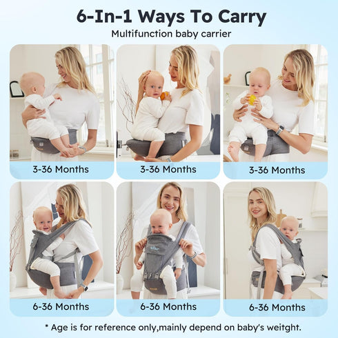6-in-1 3-36 7-44lbs Bear Baby Carrier, Baby Carrier Newborn to Toddler with Hip Seat (Ergonomic M Position) for Month/