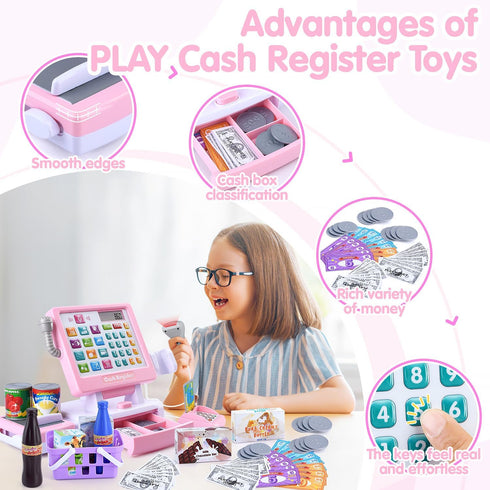 3+ PLAY Kids Cash Register Toy - Pretend Play Calculator Register Toys with Microphone/Conveyors/Play